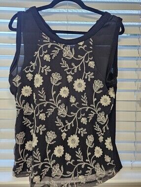 Maurices Black Mesh Camisole with Cream Floral Embroidery